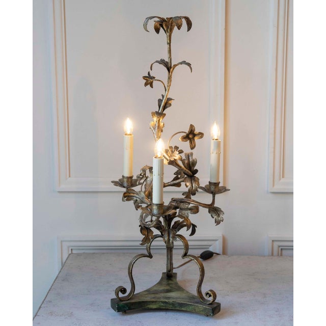 Pair Of Italian Candelabra 20th Century Silver-leaf Wrought Iron Foliate Lamps For Sale In Atlanta - Image 6 of 15