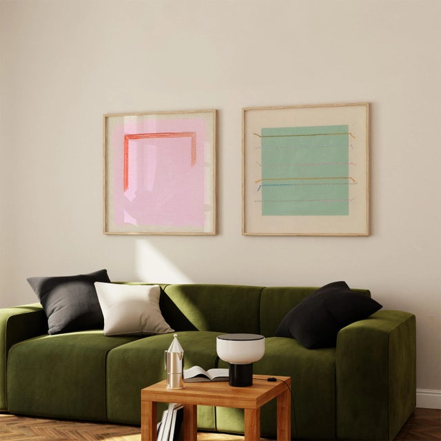 Not Yet Made - Made To Order Pair of Sage Green and Bright Magenta Pink Abstract Art Prints | Set of 2, 24 X 24 Prints in Wood Frames For Sale - Image 5 of 5