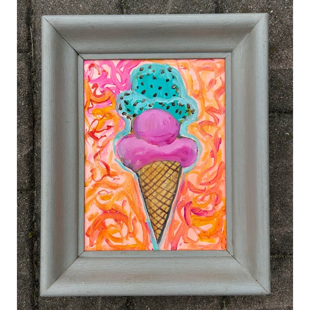 Original painting on canvas of mint chocolate chip and raspberry ice cream. In vintage wood frame. By listed artist Alex...