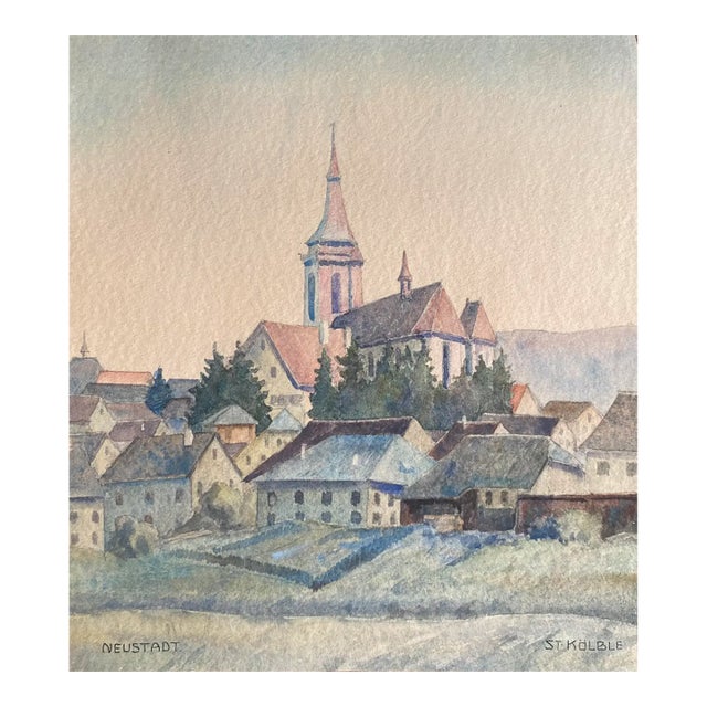1940s Watercolor of Church in Neustadt Germany For Sale