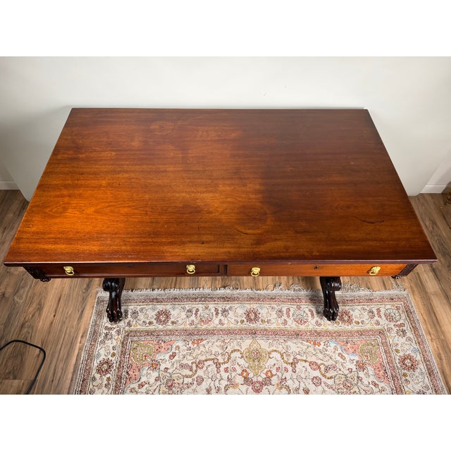 Late 19th Century New York Classical Revival Carved Mahogany Double-Pedestal Library Table, Labeled Ernest F. Hagen, Circa 1890–1925 For Sale - Image 5 of 13
