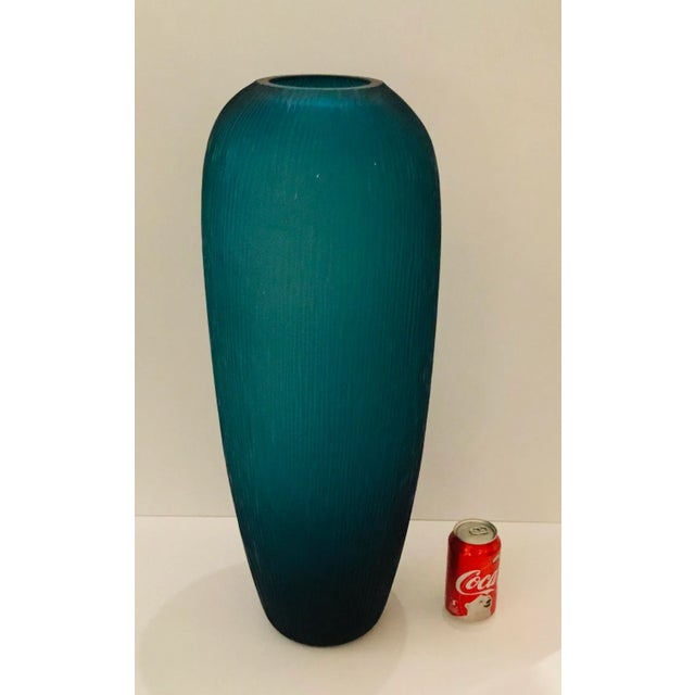 Modern Tall Modern Etched Blue Glass Vase For Sale - Image 3 of 4