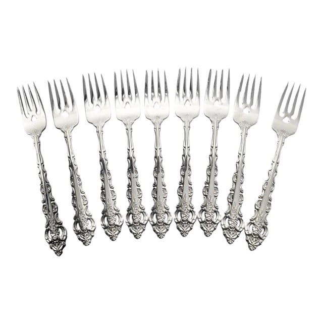 1990s Oneida “Da Vinci” Set of 9 Stainless Glossy Salad Forks For Sale