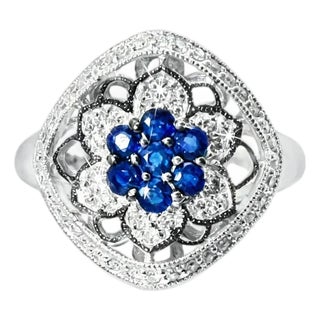 14K White Gold Sapphire Diamond Antique Floral Flower Ring, Size 7.25 For Sale