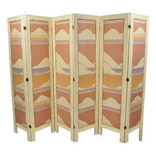 Vintage Oriental Fretwork Bone Lacquer Upholstered 6 Panel Room Divider Screen For Sale