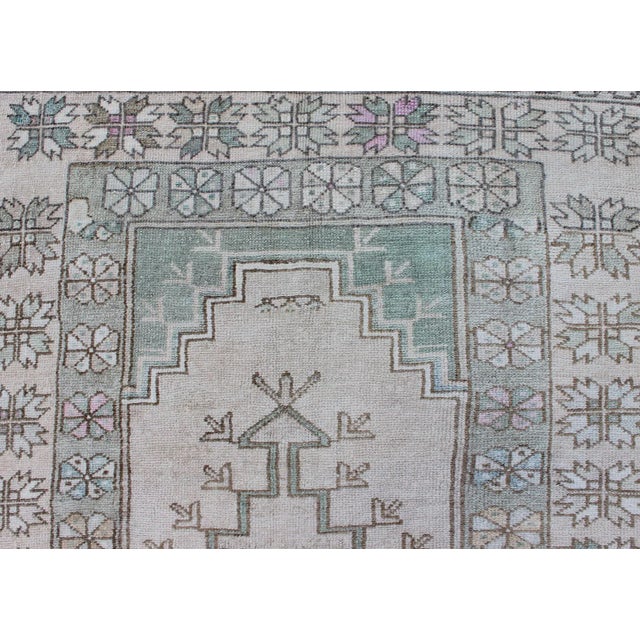 Tribal Vintage Turkish Oushak Square Rug With Medallion in Soft Green and Creams For Sale - Image 9 of 11