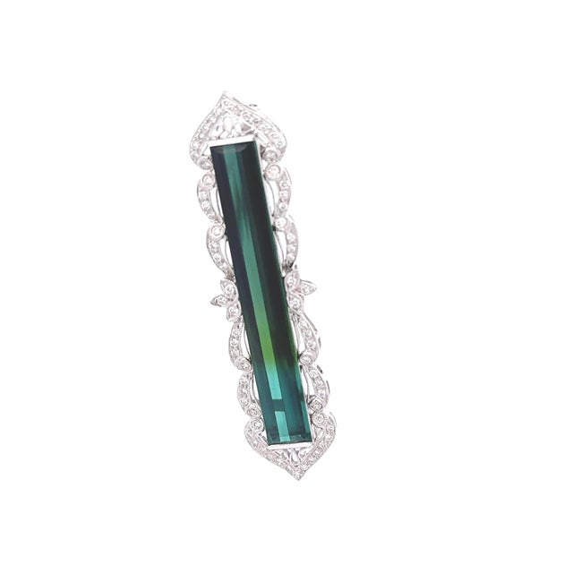 Modern 16 Carats Bi-Color Tourmaline Diamond 18k White Gold Antique Style Brooch For Sale - Image 3 of 6