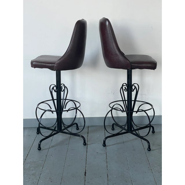 1960s Spanish Revival Barstools Cushy Brown Bucket Chairs With an Iron Scrolled Base - Set of 2 For Sale - Image 13 of 13