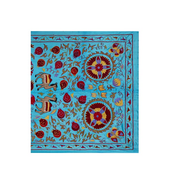 Blue Uzbek Suzani Wall Art – Camel & Floral Motif Embroidery 3'4'' X 6'2'' For Sale - Image 4 of 13