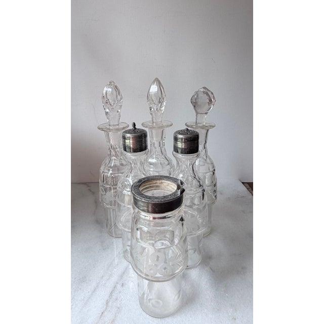 Metal 19th Century Victorian Era Castor or Cruet Set 6 Decanters and Silver-Plated Holder With Central Handle For Sale - Image 7 of 18