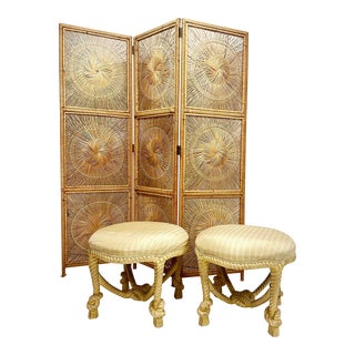 1960s Fournier Style Rope Tassel Carved Wood Italian Ottomans For Sale