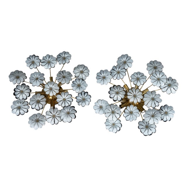 Murano White Flower Ceiling Lamps, Italy, 1980s, Set of 2 For Sale