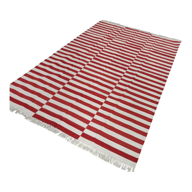 Handmade Cotton Striped Rug, Red and White - 9'x12' For Sale
