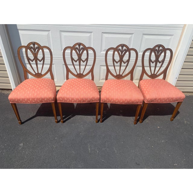 Set of 4 Hepplewhite-Style Shield-Back Dining Chairs With Coral Jacquard Upholstery, C. Mid-20th Century For Sale - Image 10 of 10