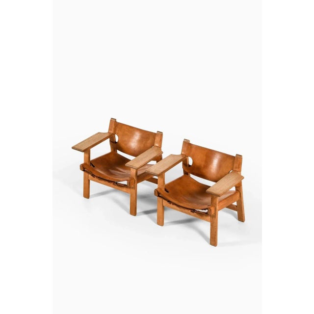Easy Chairs in Oak and Cognac Brown Leather attributed to Børge Mogensen, 1950s, Set of 2 For Sale - Image 3 of 9