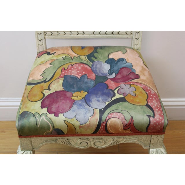 C. Mid 20th century Beautiful & colorful pair of classic side chairs w/ white washed paint & floral design (upholstered...