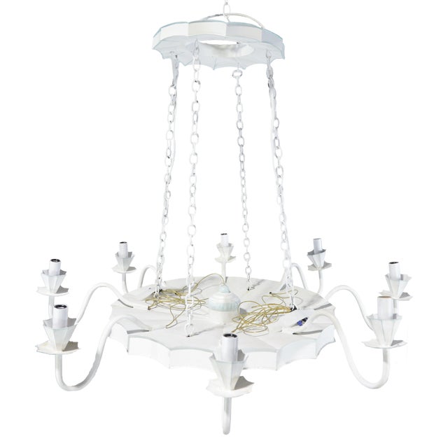 Vintage Handmade White and Light Blue Iron 8-Light Pendant Chandelier For Sale - Image 11 of 13