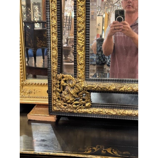 Metal 19th Century Dutch Ebony and Brass Repousse' Cushion Mirror For Sale - Image 7 of 8
