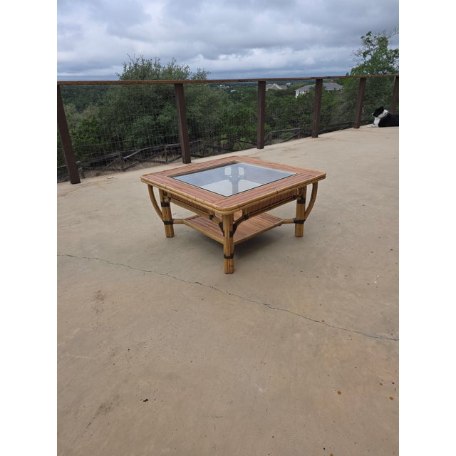 Great looking vintage bamboo square coffee table with center glass.