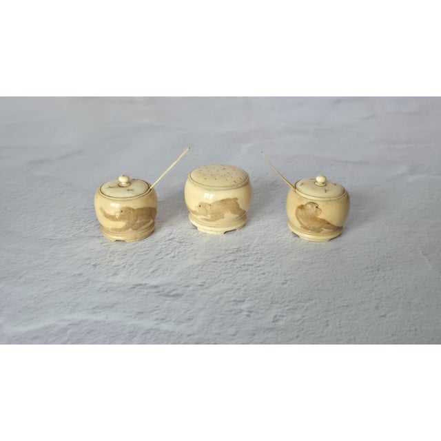 Rare Japanese Meiji Ivory Three-Piece Set With Monkeys For Sale - Image 13 of 13