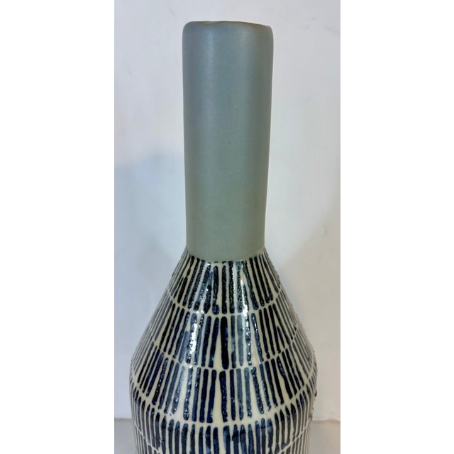 Stylish Interlude Home Mid-Century Modern Style Gray, White, and Blue Pottery Vase, showroom floor sample