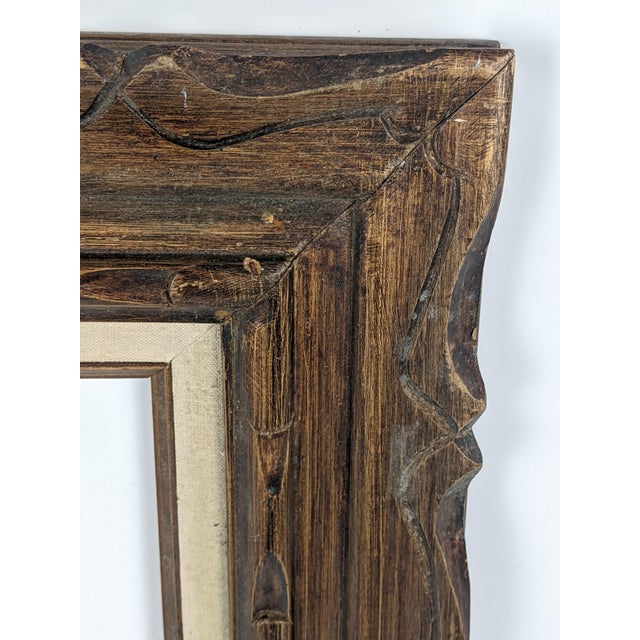 Vintage Carved Dark Brown Wood Picture Frame With Cream Linen Liner For Sale - Image 9 of 13