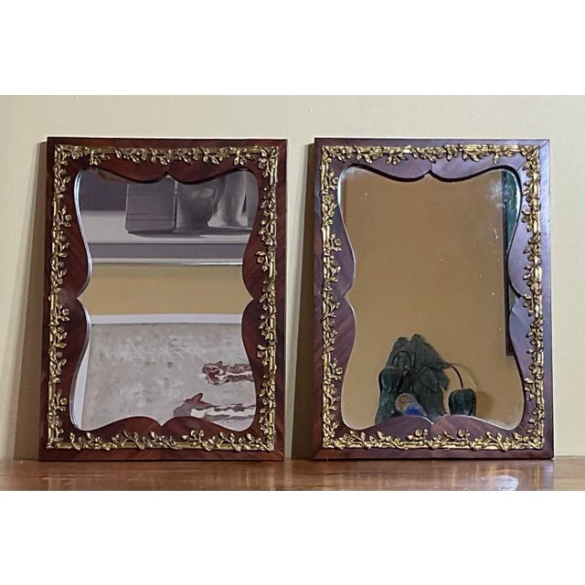 French Small Antique 1920s Wood and Bronze Wall Mirror - a Pair For Sale - Image 3 of 13