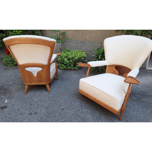Wood Set of Vintage Armchairs in Light Wood and White Boucle Fabric by Enrico Ciuti, 1950s For Sale - Image 7 of 7