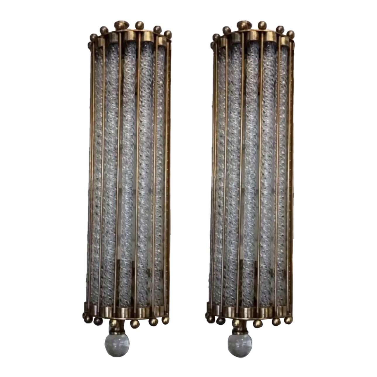 Vintage Art Deco Rod Ship Light Wall Sconces in Brass & Ribbed Glass