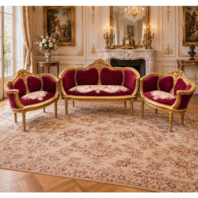 This elegant circa 1960 Louis XVI–style salon set is a coordinated three-piece seating ensemble consisting of one sofa and...