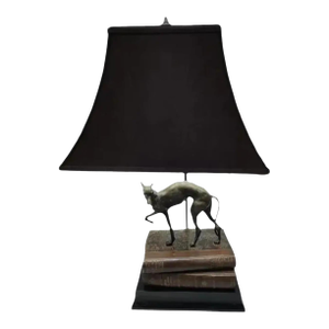 Vintage 1980s Bronze Whippet / Greyhound Dog Standing on Stacked Books Lamp