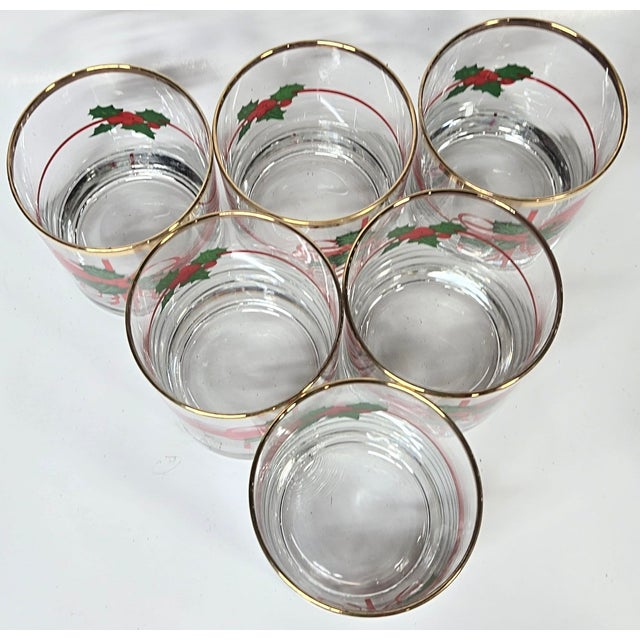 Mid 20th Century Mid 20th Century Holly and Ribbons Double Old Fashioned Glasses- Set of Six For Sale - Image 5 of 17