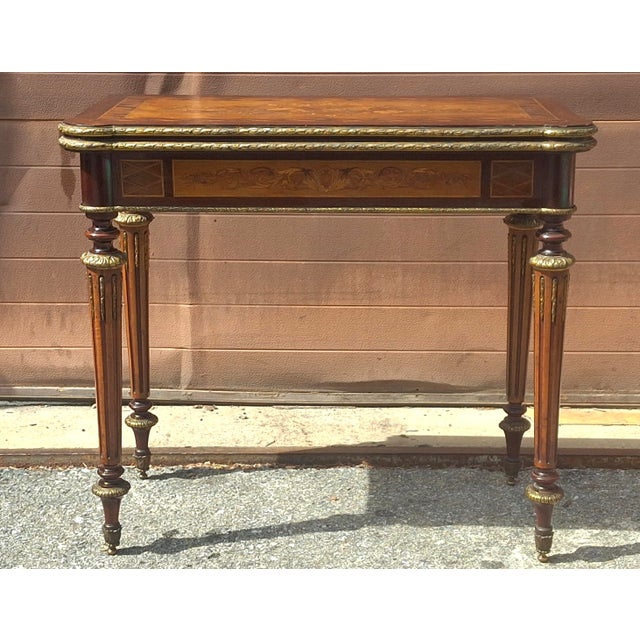 French Mid 19th Century Louis Napoleon Kingwood Marquetry and Ormoly Mounted Fold Top Console Game Table For Sale - Image 3 of 11