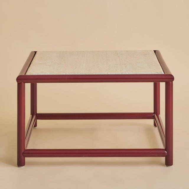 1970s Italian Red Lacquered Wood + Travertine Coffee Table, 1970s For Sale - Image 5 of 12