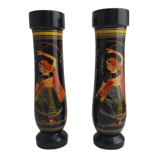 1990s Hand-Crafted Wooden Turned Candle Stick Holders With Dancing Woman- a Pair For Sale