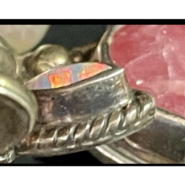 1980s Australian Rainbow Opal, Pearl and Rhodonite in Thick Sterling Silver Cabochons on Knotted Silk Chord. For Sale In South Bend - Image 6 of 8