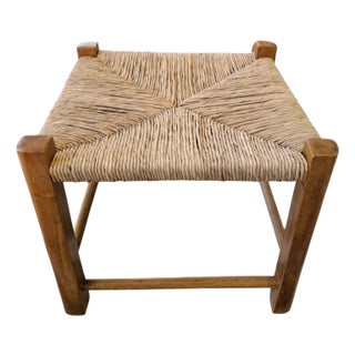 Vintage 1970s Tessiner Hocker Wood and Rush Seat Stool For Sale