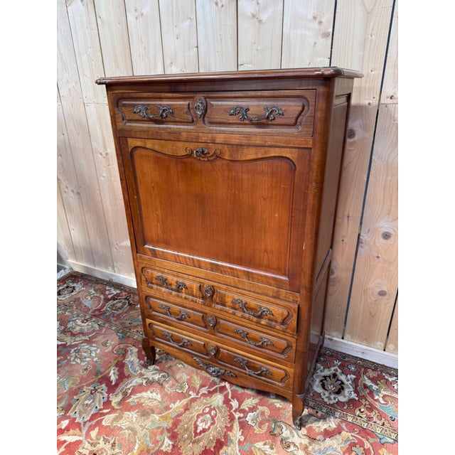 Louis XV Style Drop-Front Secretaire Desk in Cherry Wood, 1950s For Sale - Image 4 of 11