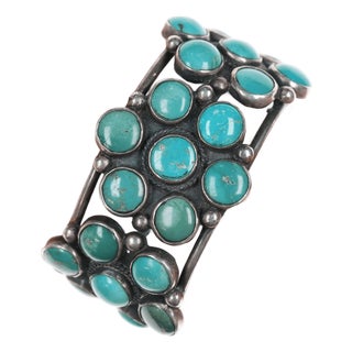 6 5/8" 40's-50's Navajo Silver Turquoise Cluster Cuff Bracelet For Sale