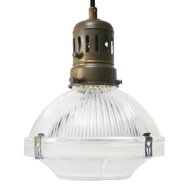 Metal Vintage Industrial Glass and Brass Pendant Light from Holophane, France For Sale - Image 7 of 7