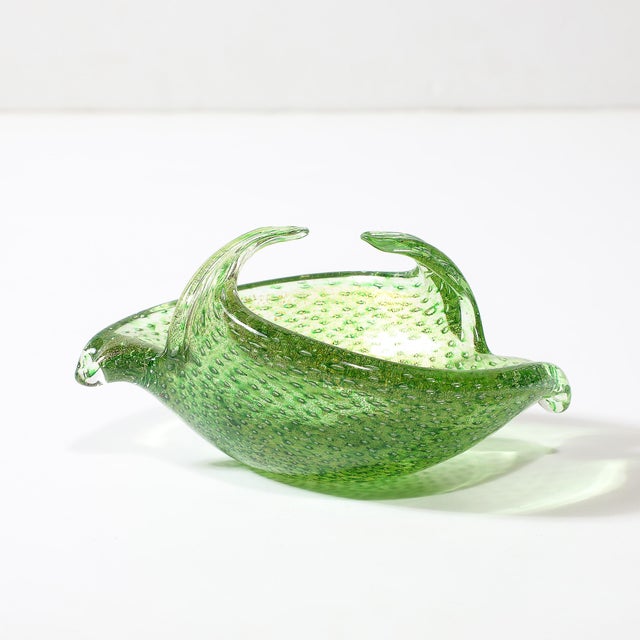 Mid-Century Hand-Blown Murano Glass Dish in Lime Green With Bullicante Detailing For Sale - Image 9 of 12