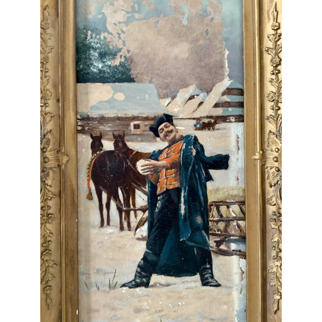 A gorgeous and charming pair of Victorian framed oil paintings of a snowball fight with a village in the background....