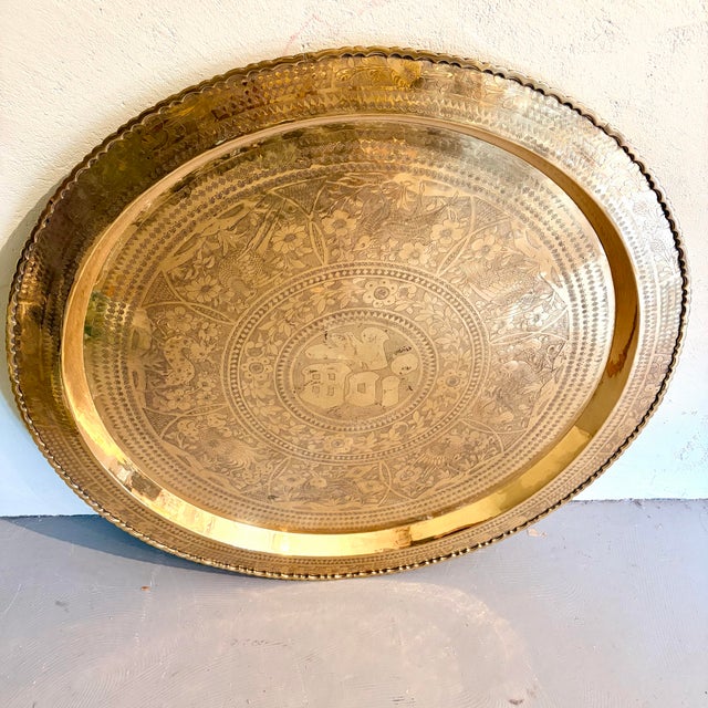 Large Vintage Etched Brass Wall Art/Tray With Birds & Floral Motifs For Sale In Los Angeles - Image 6 of 9