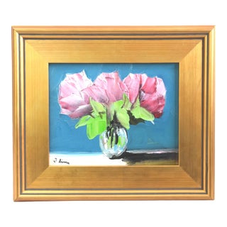 Pink Bouquet of Flowers Oil Painting Including the Antiqued Gold Wood Frame For Sale