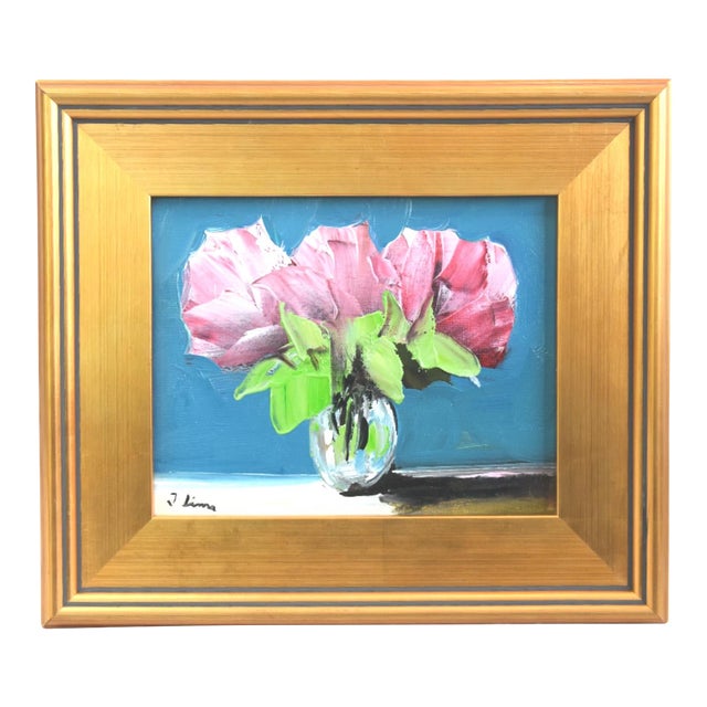 Pink Bouquet of Flowers Oil Painting Including the Antiqued Gold Wood Frame For Sale