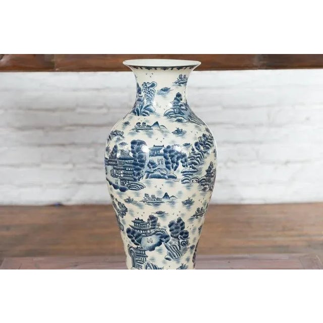Vintage Chinese Blue & White Porcelain Vase with Landscapes & Architectures For Sale - Image 11 of 13