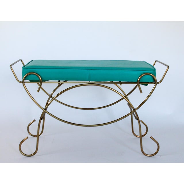 Mid-Century Brass Vanity Seat Bench W/ Turquoise Seat Cushion For Sale - Image 4 of 11