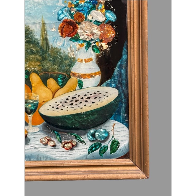 Antique Foil Art Reverse Harvest Feast Still Life Painting Beneath Glass For Sale - Image 11 of 12