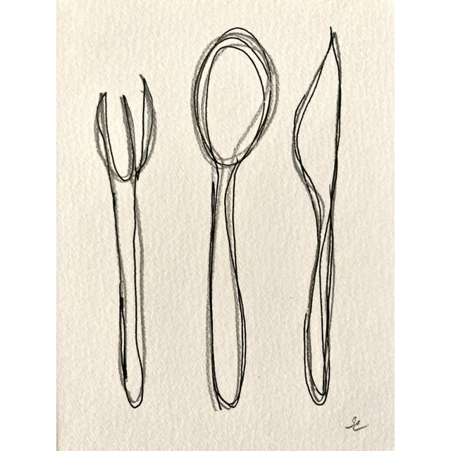 Farmhouse cafe kitchen series. Original unframed drawing of a fork, knife and spoon. Signed, matted and ready to frame.