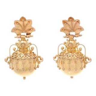 Antique Etruscan Ball Dangle Earrings, 20/18k Yellow Gold, Length 1in., Pair For Sale